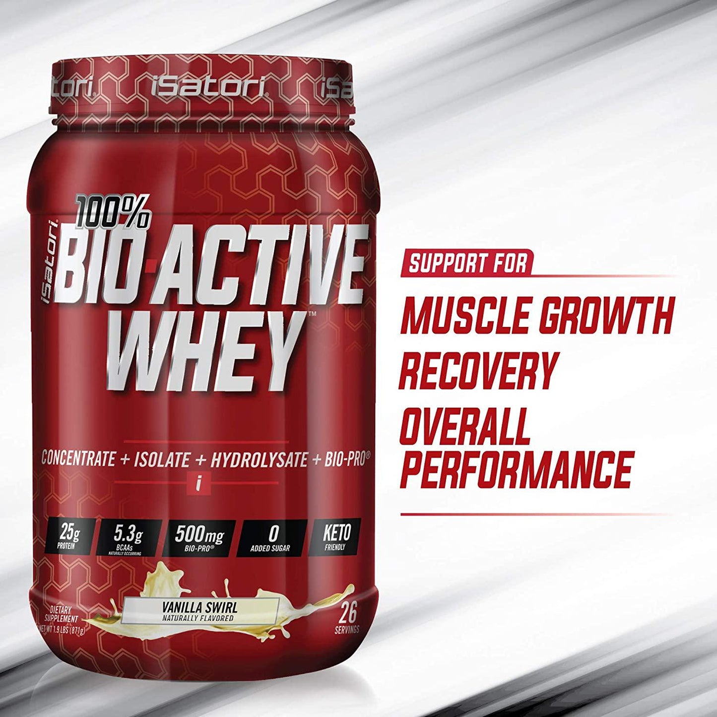 iSatori 100% Bio-Active Whey Protein Powder, Concentrate, Isolate and Hydrolysate - Bio-Gro, Bio Active Peptides, and BCAAs for Recovery 25G of Protein per Serving - Vanilla Swirl (26 Servings)