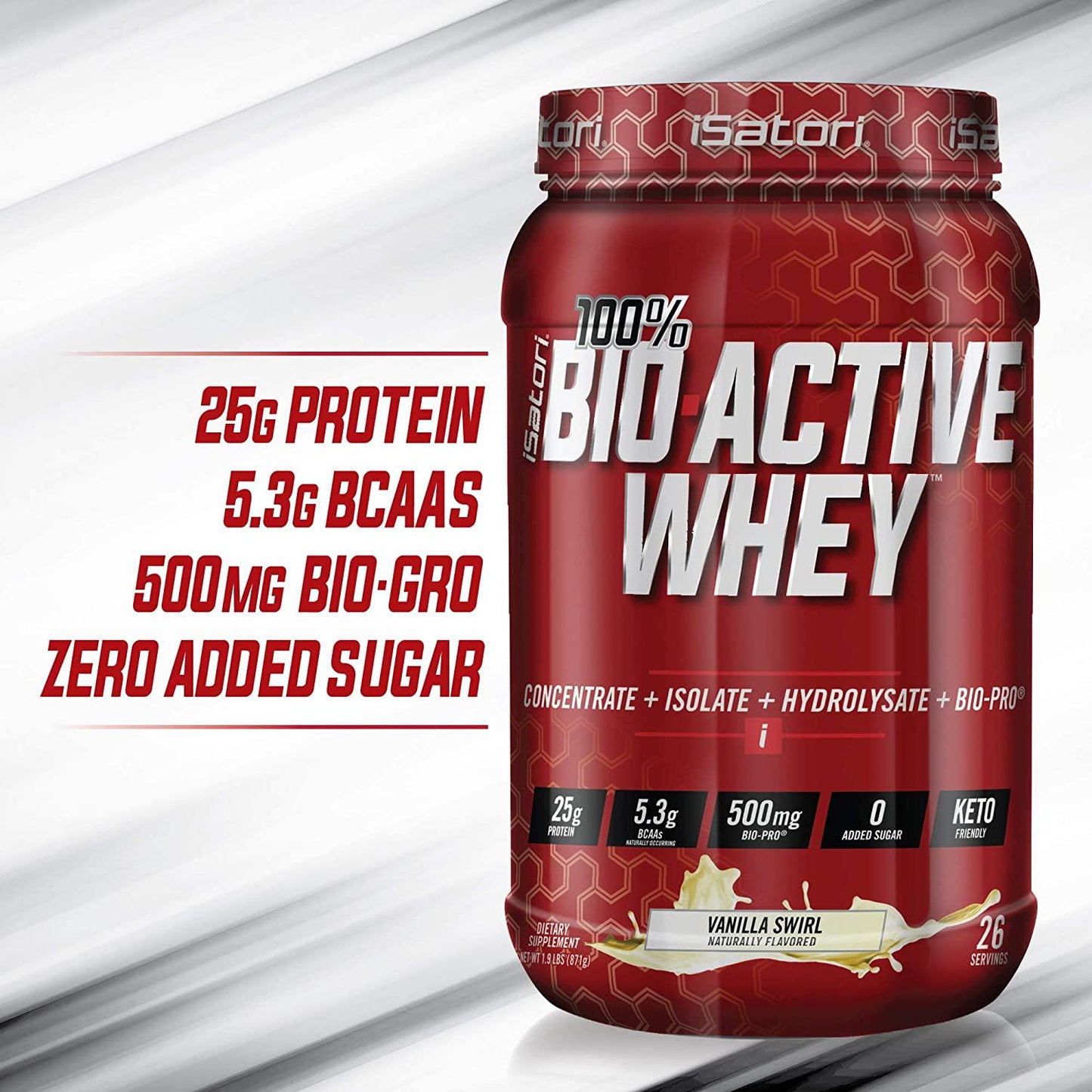 iSatori 100% Bio-Active Whey Protein Powder, Concentrate, Isolate and Hydrolysate - Bio-Gro, Bio Active Peptides, and BCAAs for Recovery 25G of Protein per Serving - Vanilla Swirl (26 Servings)