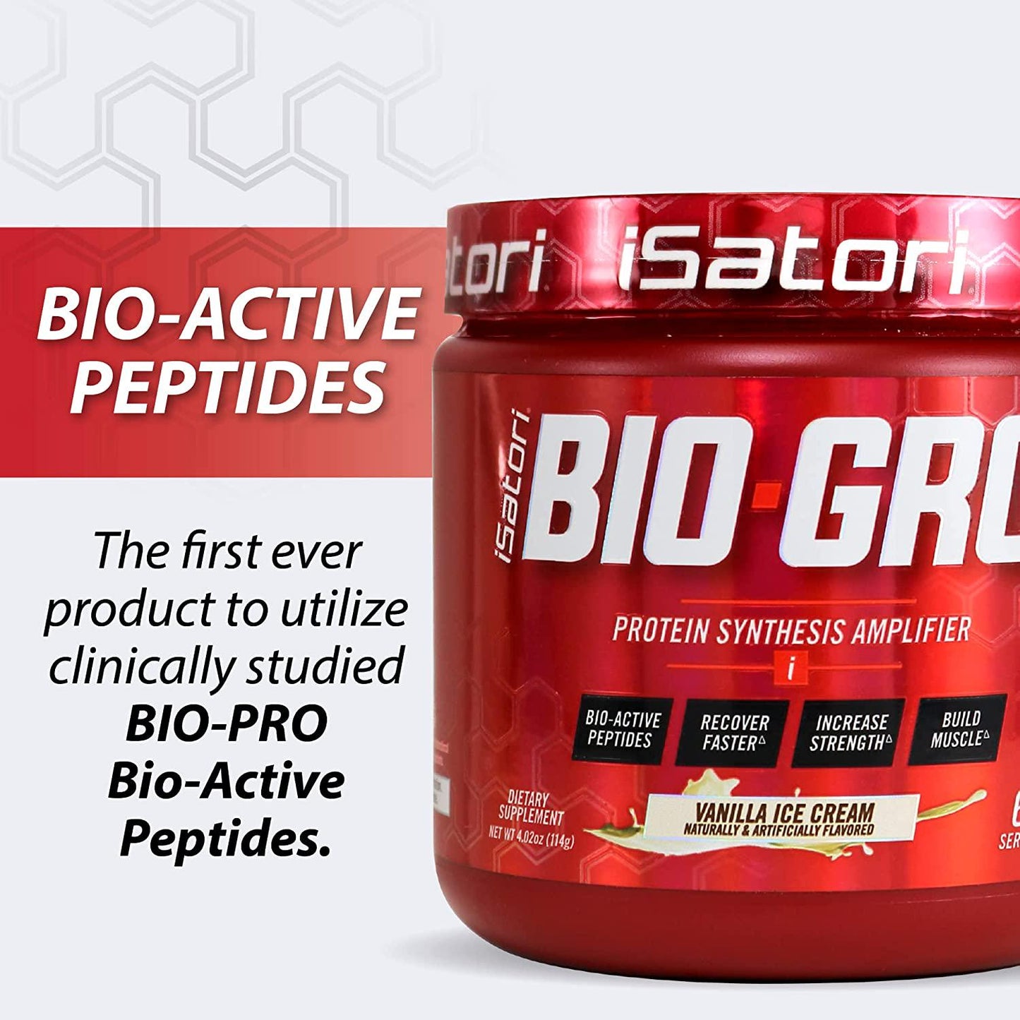iSatori Bio-GRO Protein Synthesis Amplifier - Build Lean Muscle, Speed Recovery and Increase Strength - Bio-Active Proline-Rich Peptides - Dietary Supplement - Vanilla Ice Cream - 60 Servings