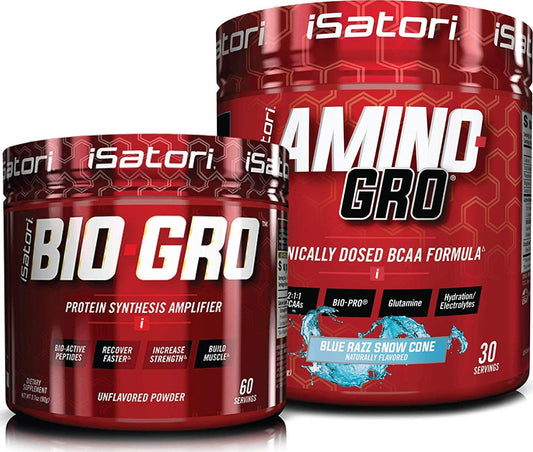 iSatori Bio-GRO Protein Synthesis Amplifier - Unflavored (60 Servings) and iSatori Amino-GRO BCAA Powder - Blue Razz Snow Cone (30 Servings)