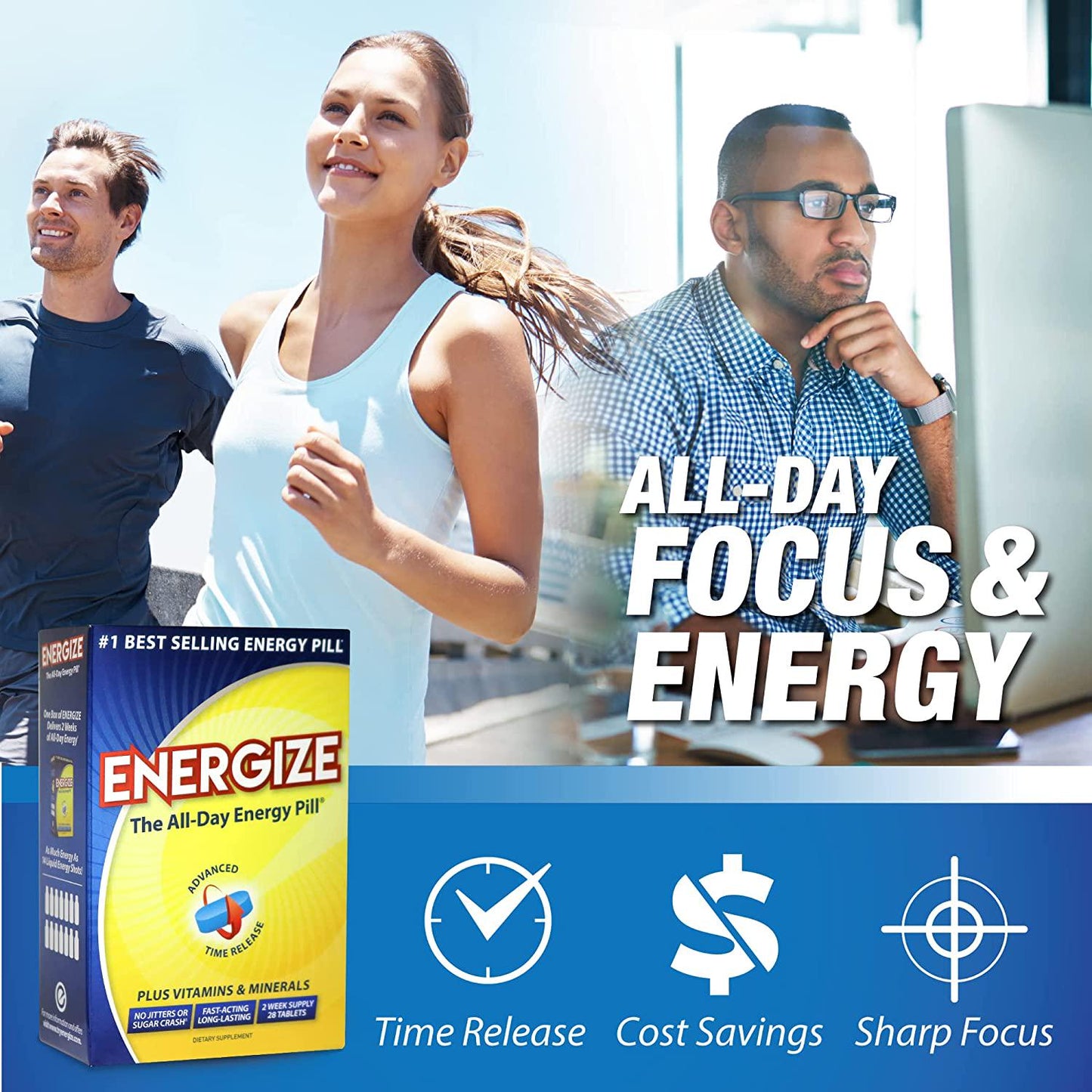 iSatori Energize Caffeine Pills - Fast Acting Energy Pill - Healthy Focus Brain Supplement - Improved Alertness and Clarity - All Day Energy, No Jitters, No Crash - 28 Time Released Tablets