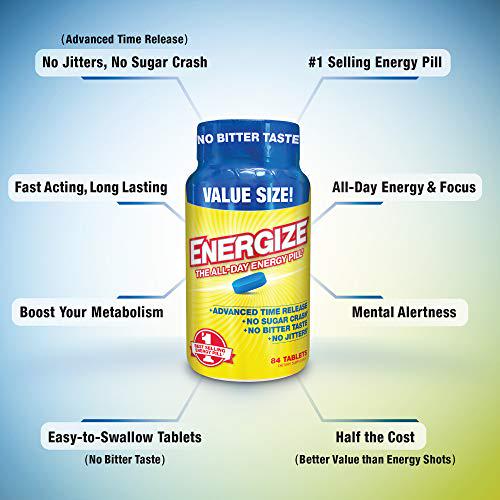 iSatori Energize Caffeine Pills - Fast Acting Energy Pill - Healthy Focus and Nootropic Brain Supplement - Improved Alertness and Clarity, Preworkout for Men and Women - All Day Energy, No Jitters, No Crash - 84 Time Released Tablets