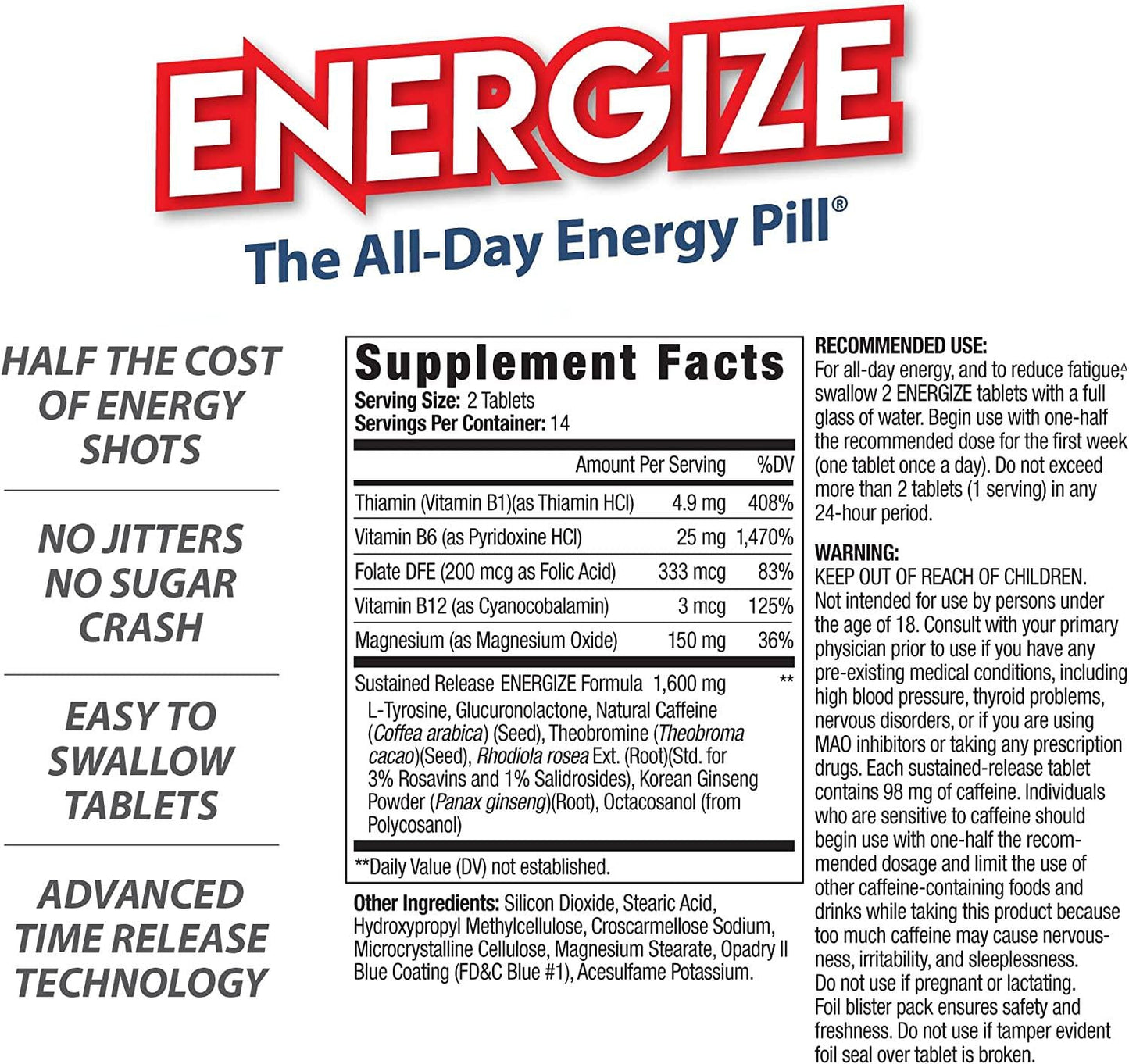 iSatori Energize Caffeine Pills - Fast Acting Energy Pill - Healthy Focus Brain Supplement - Improved Alertness and Clarity - All Day Energy, No Jitters, No Crash - 28 Time Released Tablets