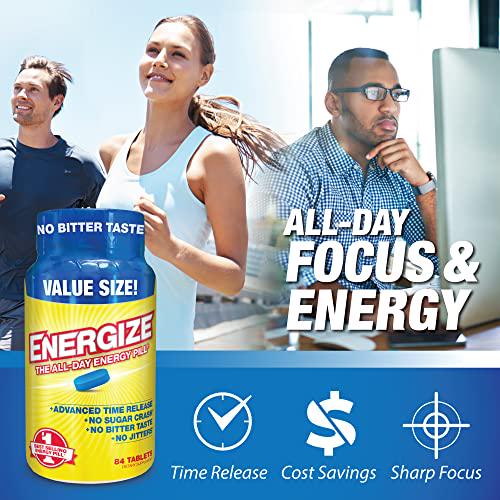 iSatori Energize Caffeine Pills - Fast Acting Energy Pill - Healthy Focus and Nootropic Brain Supplement - Improved Alertness and Clarity, Preworkout for Men and Women - All Day Energy, No Jitters, No Crash - 84 Time Released Tablets