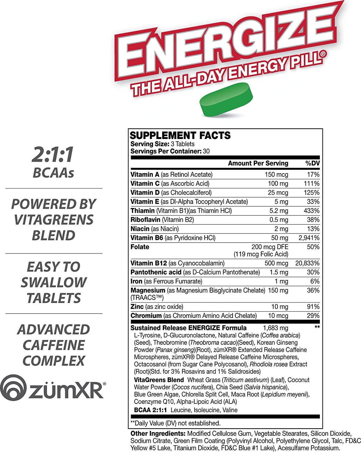 iSatori Energize Immunity Caffeine Pills - Vitamin A, B12, C, D, and E Supplement + Fast- Acting Energy Pill - Daily Immune Support, Super Greens, and All Day Energy, No Jitters, No Crash (90 Tablets)