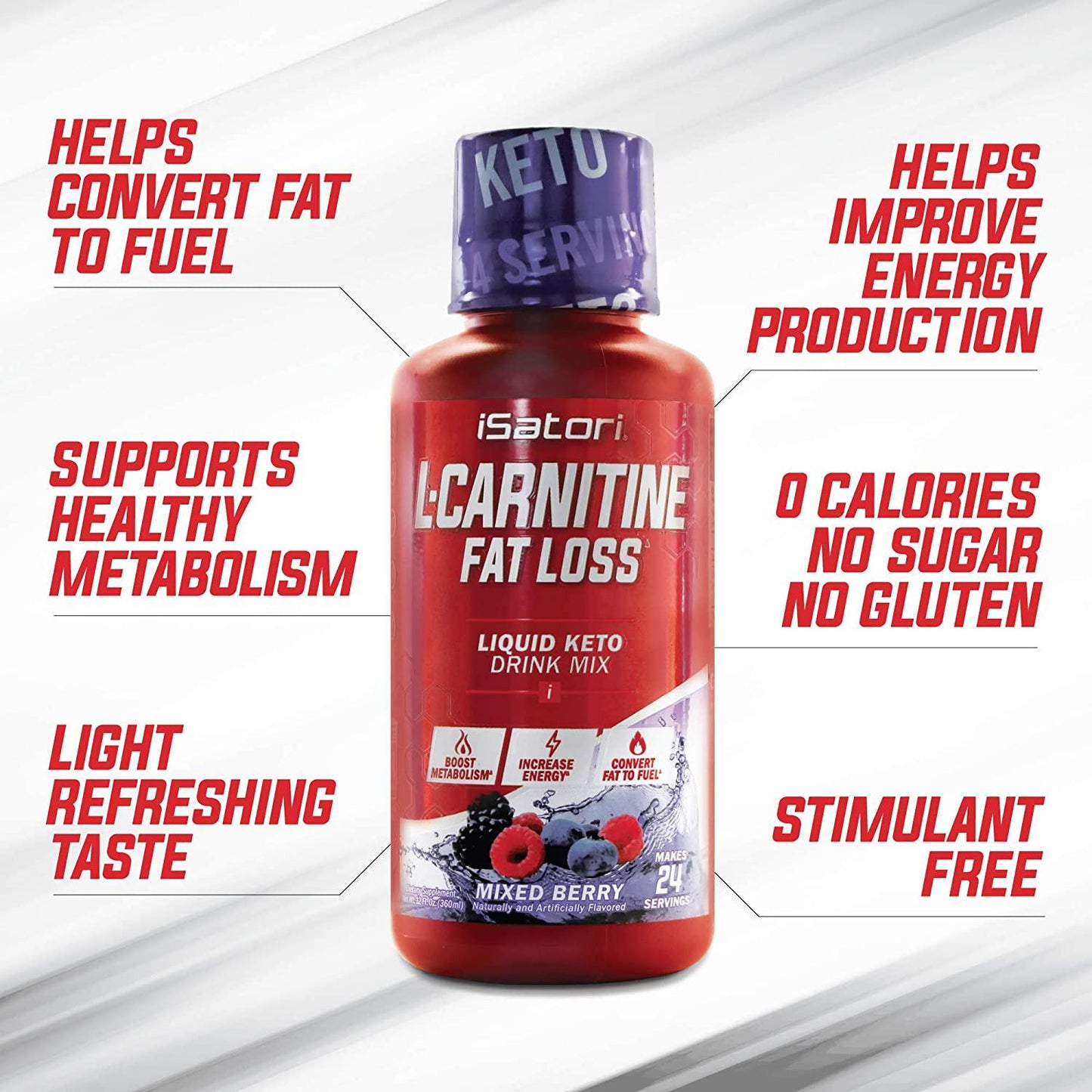 iSatori L-Carnitine Liquid Fat Burner and Metabolism Activator - Fat Loss for Health and Fitness - Keto Friendly Weight Loss - Stimulant Free - Mixed Berry 1500mg (24 Servings)