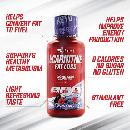 iSatori L-Carnitine Liquid Fat Burner and Metabolism Activator - Fat Loss for Health and Fitness - Keto Friendly Weight Loss - Stimulant Free - Mixed Berry 1500mg (24 Servings)