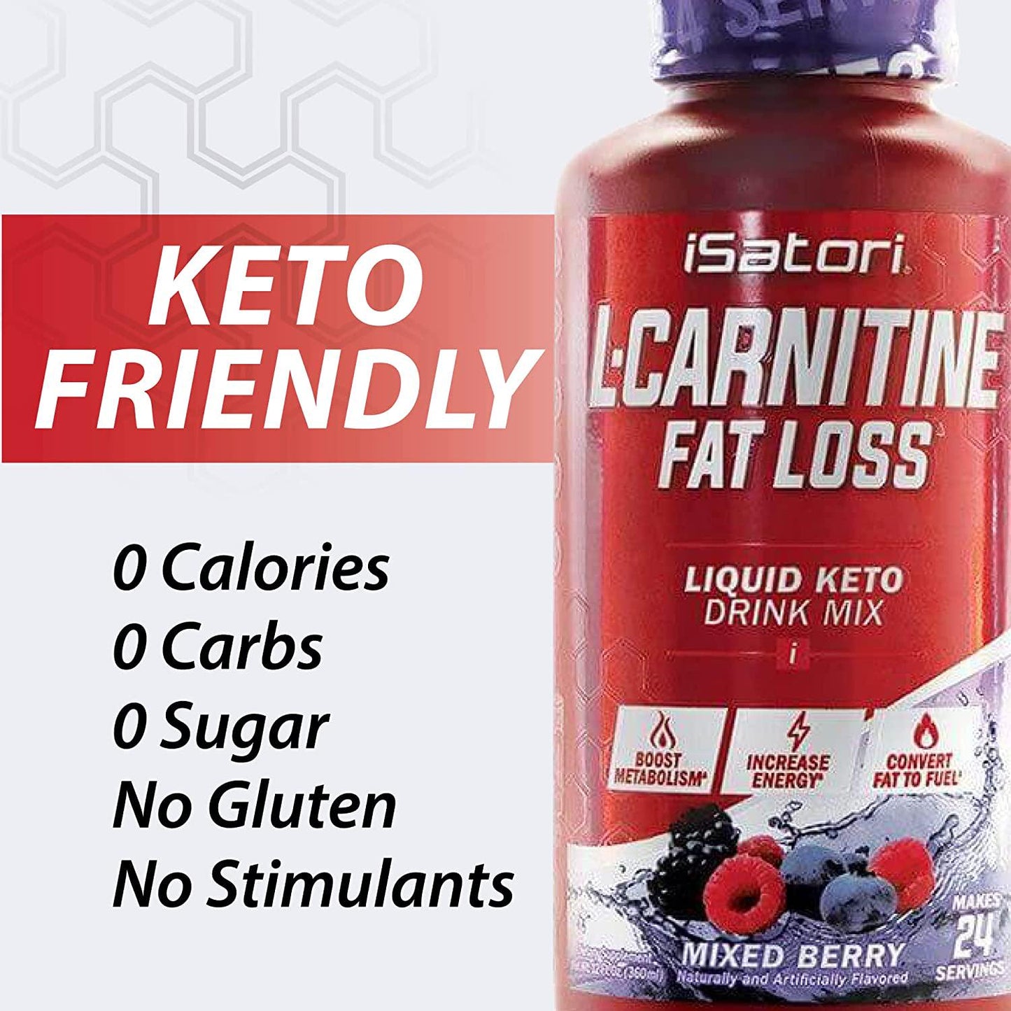 iSatori L-Carnitine Liquid Fat Burner and Metabolism Activator - Fat Loss for Health and Fitness - Keto Friendly Weight Loss - Stimulant Free - Mixed Berry 1500mg (24 Servings)