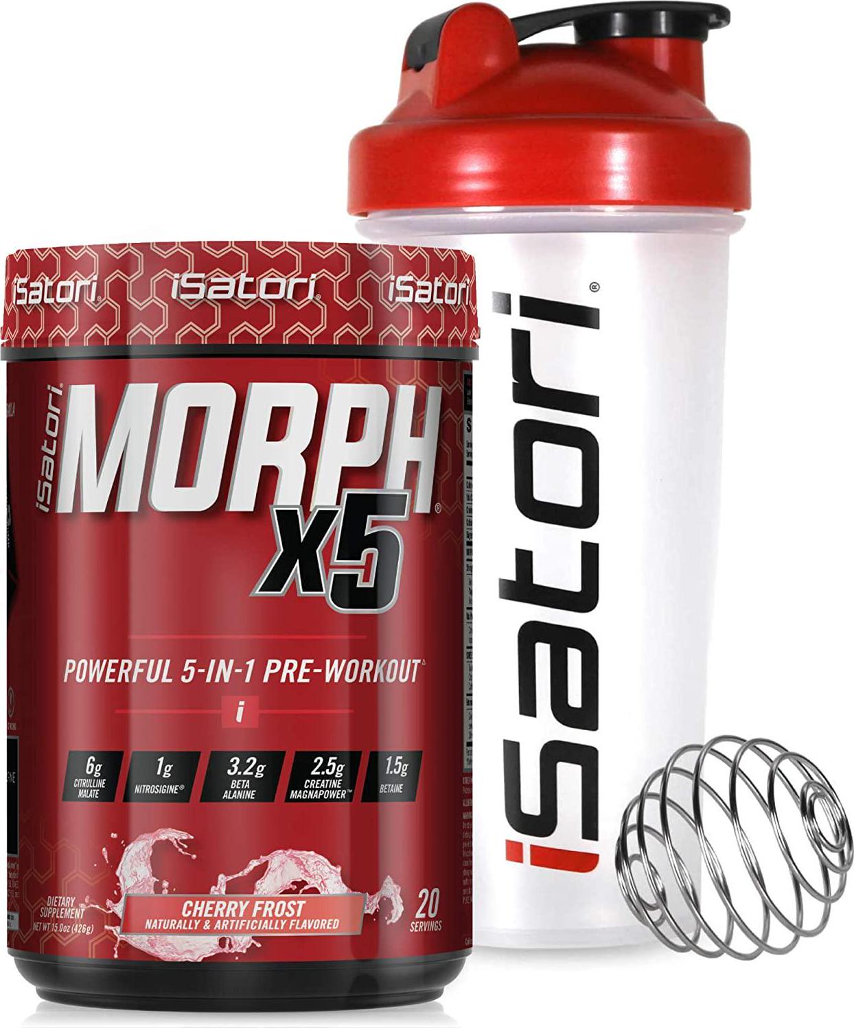 iSatori Morph Xtreme Intense Pre Workout - Bombsicle (20 Servings) and iSatori Classic Blender Bottle (Clear Bottle with Red Top)