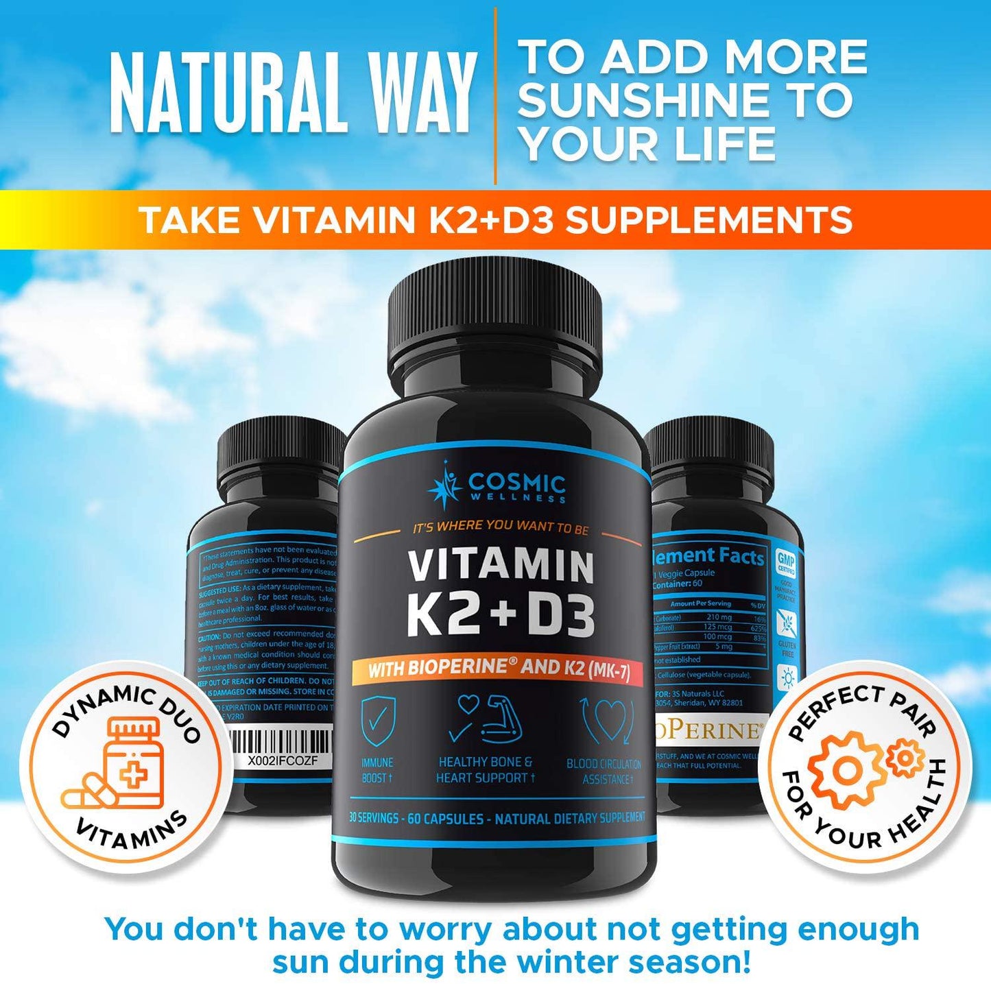 k2 d3 Vitamin Supplement 5000 iu - for Healthier Bones, Blood, Heart, and Better Immunity | Enhanced Calcium Absorption with BioPerine - 100% Natural and Allergen-Free - Vitamin d3 k2 mk7 5000 iu
