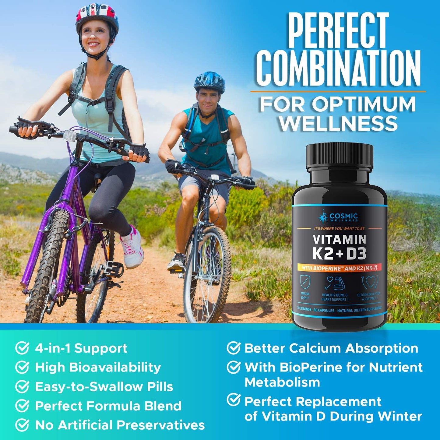 k2 d3 Vitamin Supplement 5000 iu - for Healthier Bones, Blood, Heart, and Better Immunity | Enhanced Calcium Absorption with BioPerine - 100% Natural and Allergen-Free - Vitamin d3 k2 mk7 5000 iu