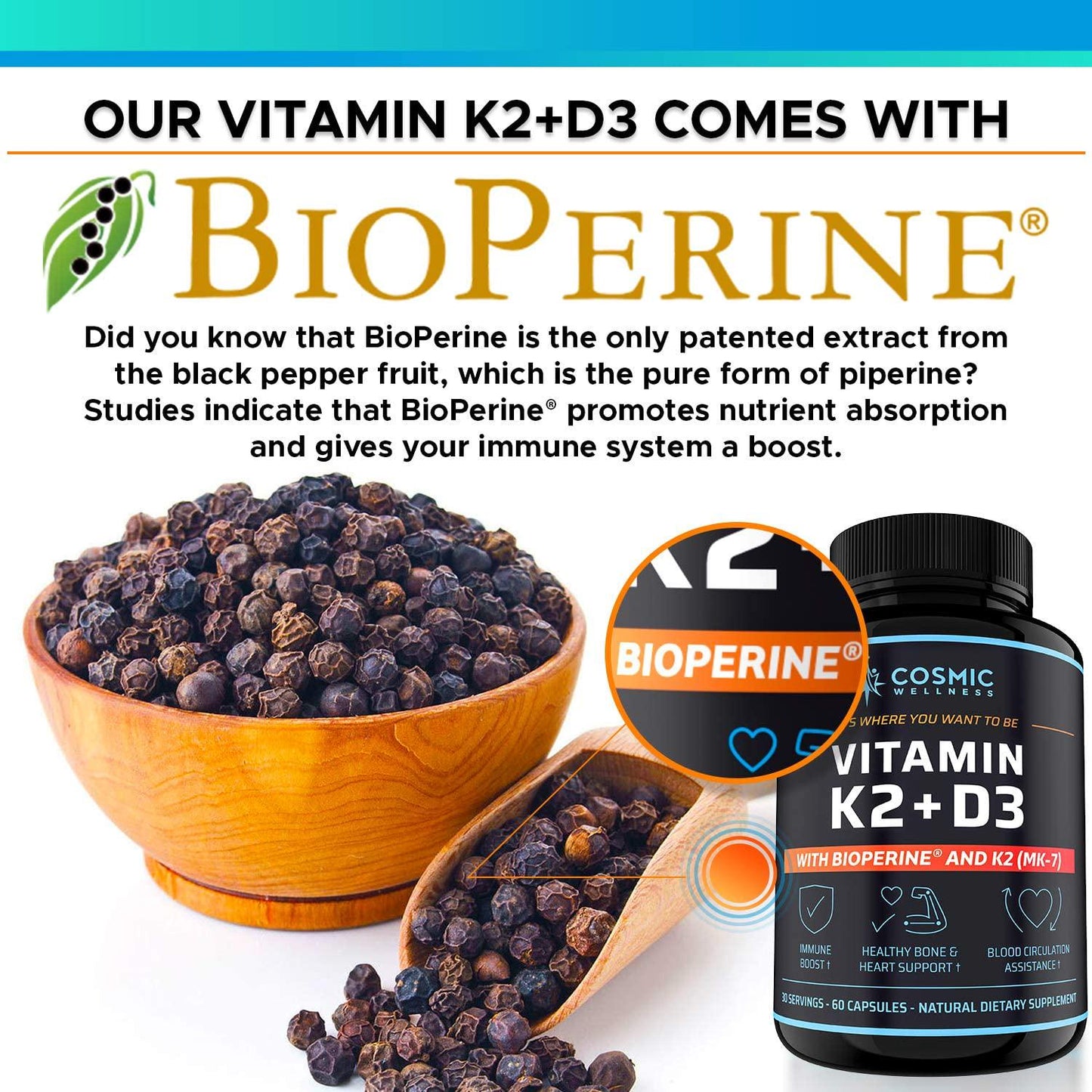 k2 d3 Vitamin Supplement 5000 iu - for Healthier Bones, Blood, Heart, and Better Immunity | Enhanced Calcium Absorption with BioPerine - 100% Natural and Allergen-Free - Vitamin d3 k2 mk7 5000 iu
