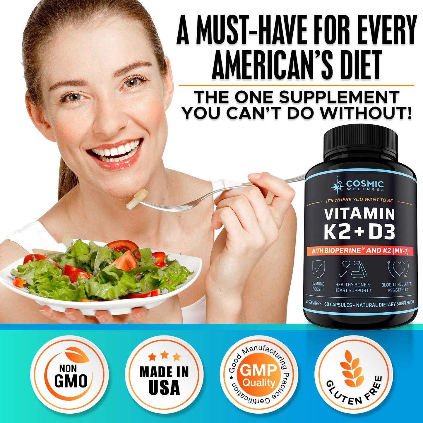 k2 d3 Vitamin Supplement 5000 iu - for Healthier Bones, Blood, Heart, and Better Immunity | Enhanced Calcium Absorption with BioPerine - 100% Natural and Allergen-Free - Vitamin d3 k2 mk7 5000 iu