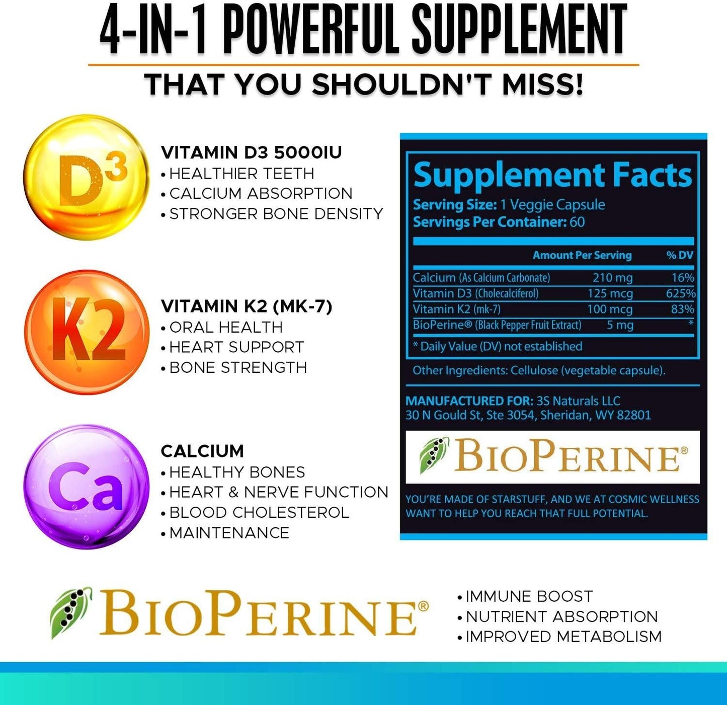 k2 d3 Vitamin Supplement 5000 iu - for Healthier Bones, Blood, Heart, and Better Immunity | Enhanced Calcium Absorption with BioPerine - 100% Natural and Allergen-Free - Vitamin d3 k2 mk7 5000 iu