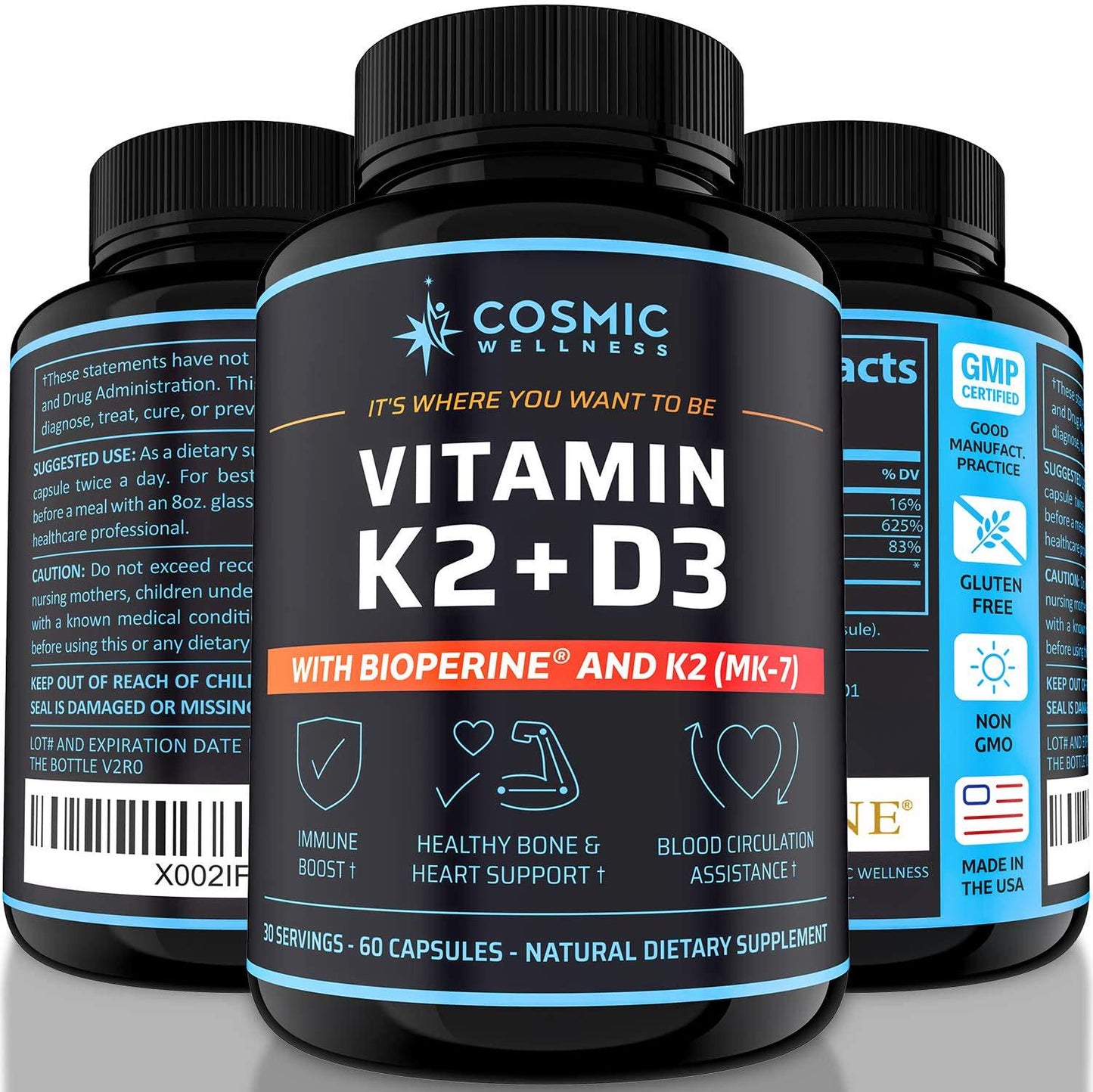 k2 d3 Vitamin Supplement 5000 iu - for Healthier Bones, Blood, Heart, and Better Immunity | Enhanced Calcium Absorption with BioPerine - 100% Natural and Allergen-Free - Vitamin d3 k2 mk7 5000 iu