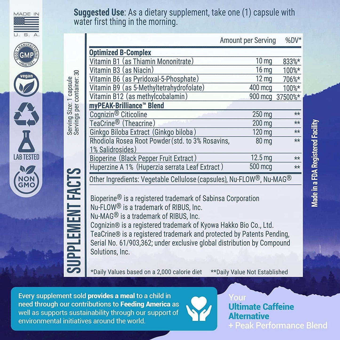 myPEAK Brilliance Nootropics Brain Support Supplement for 8-Hour Energy and Focus, Pre-Workout, Caffeine Drink Alternative, Teacrine Supplement for Good Brain Health, 30 Capsules