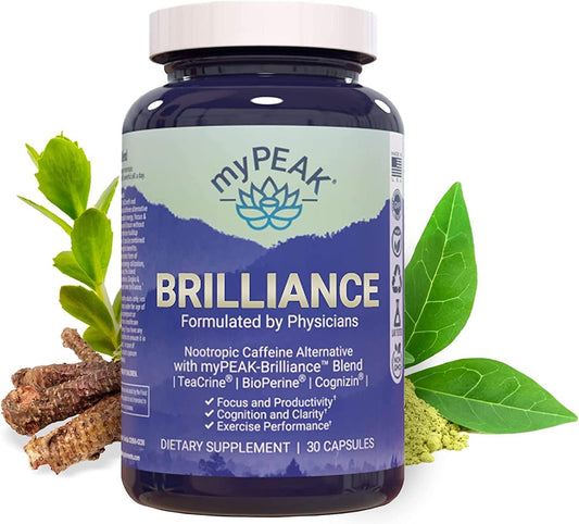 myPEAK Brilliance Nootropics Brain Support Supplement for 8-Hour Energy and Focus, Pre-Workout, Caffeine Drink Alternative, Teacrine Supplement for Good Brain Health, 30 Capsules