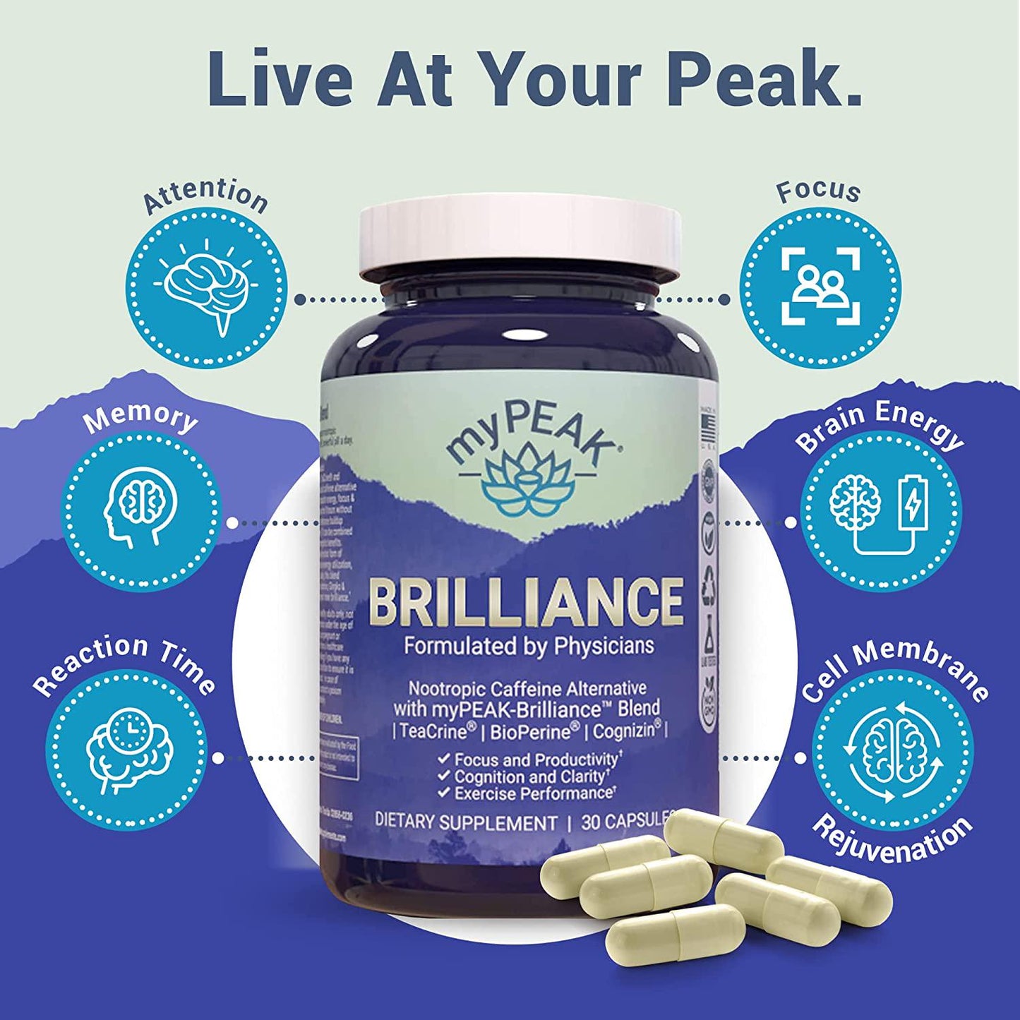 myPEAK Brilliance Nootropics Brain Support Supplement for 8-Hour Energy and Focus, Pre-Workout, Caffeine Drink Alternative, Teacrine Supplement for Good Brain Health, 30 Capsules