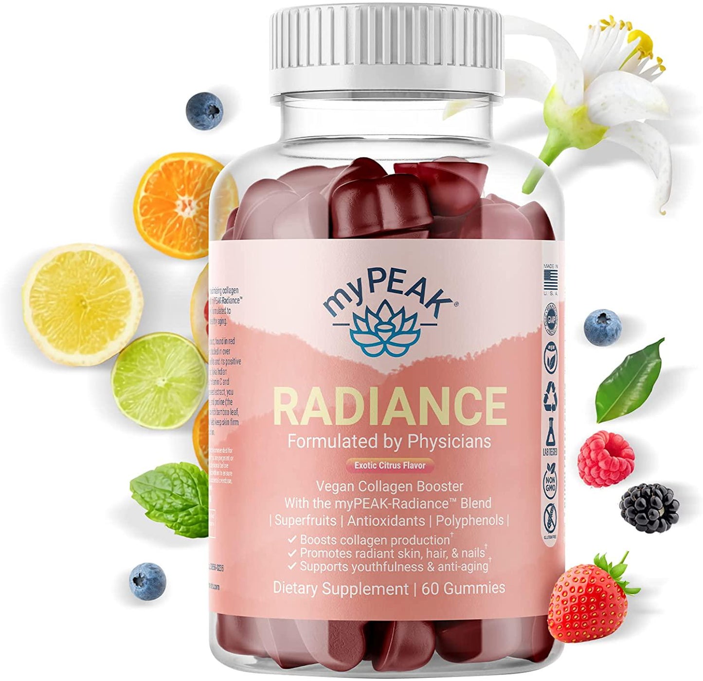 myPEAK Radiance Vegan Collagen Booster and Superfruit Gummies, Collagen Supplements with Superfruits and Skin-Enhancing Nutrients, Hair Skin and Nails Vitamins for Beauty, 60 Gummies