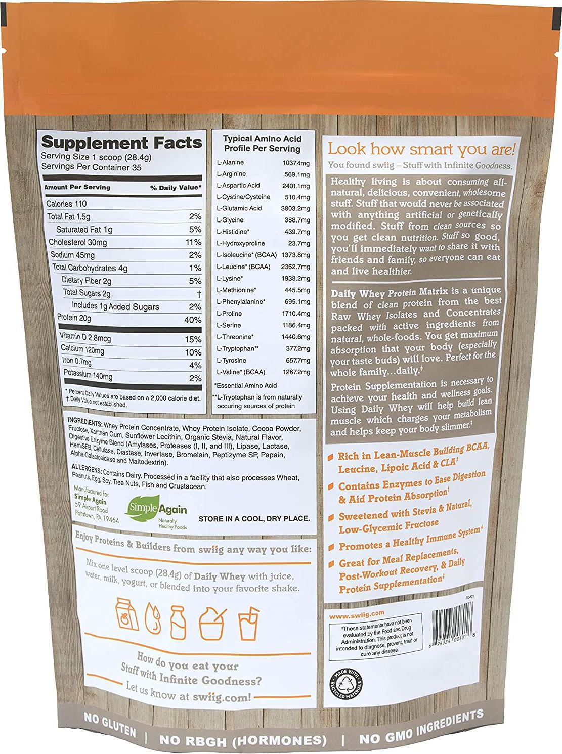 swiig Daily Whey Matrix Protein Powder, Chocolate, 2.2 Pound