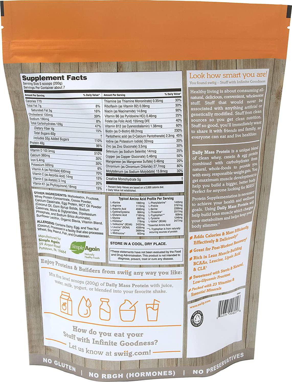 swiig Mass Builder Protein Powder, Chocolate, 3.3 Pound