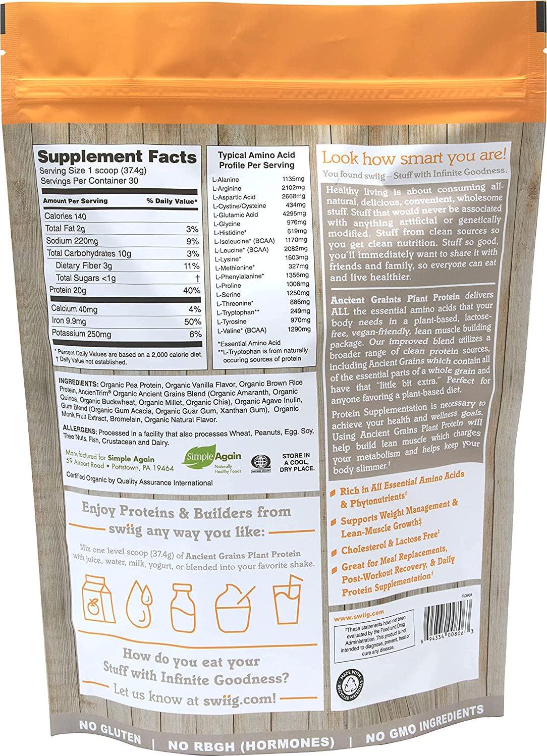 swiig Organic Vanilla Ancient Grains Plant Protein, Vegan, No Artificial Flavors, Colors or Sweeteners, No Fillers, 2.48 lb Bag