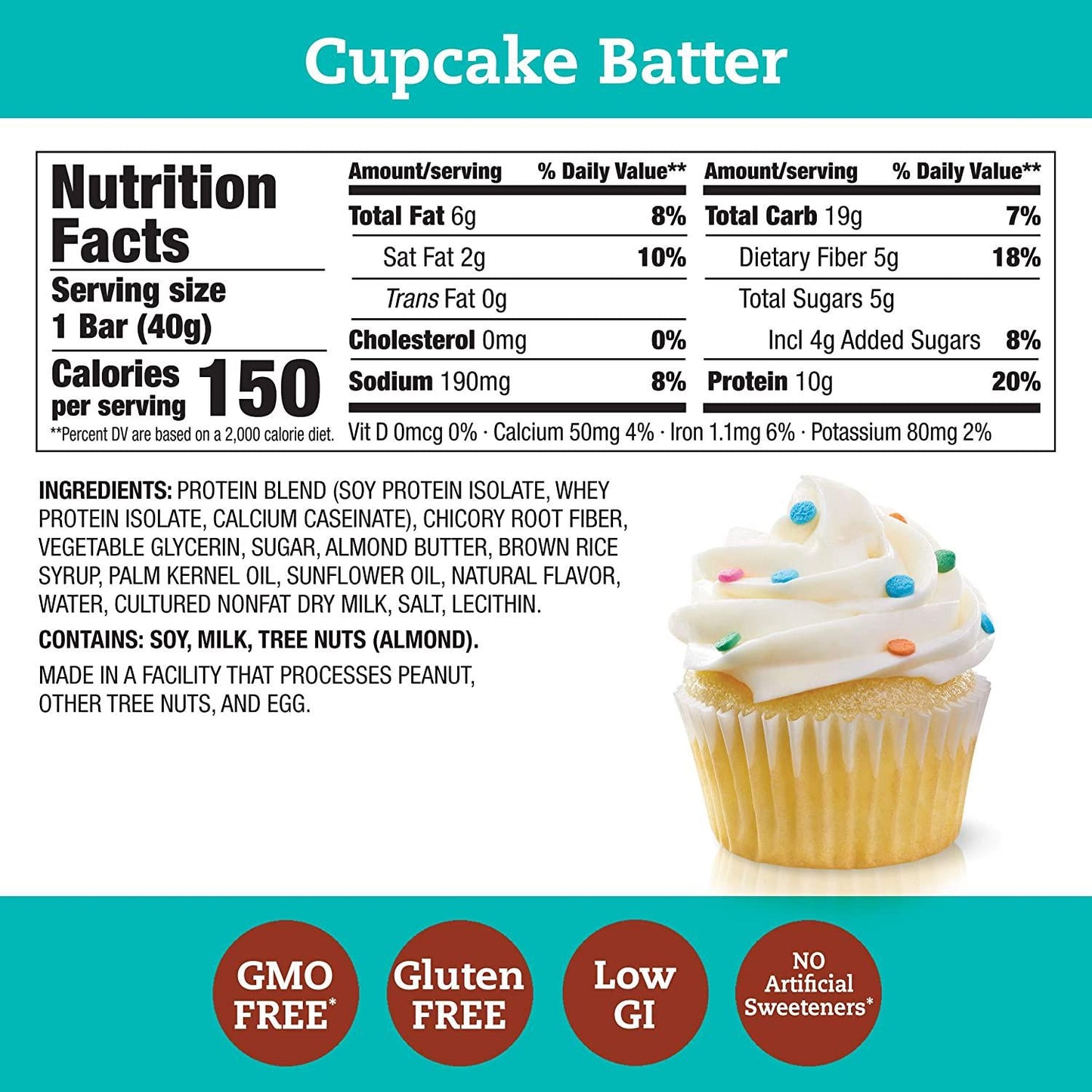 thinkThin Protein and Fiber Bars, Cupcake Batter, 1.41 oz Bar (10 Count)