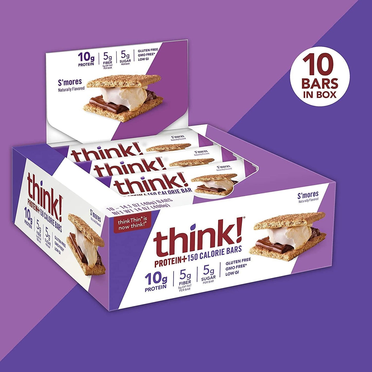 thinkThin Protein and Fiber Bars, S'mores, 1.41 oz Bar (10 Count)