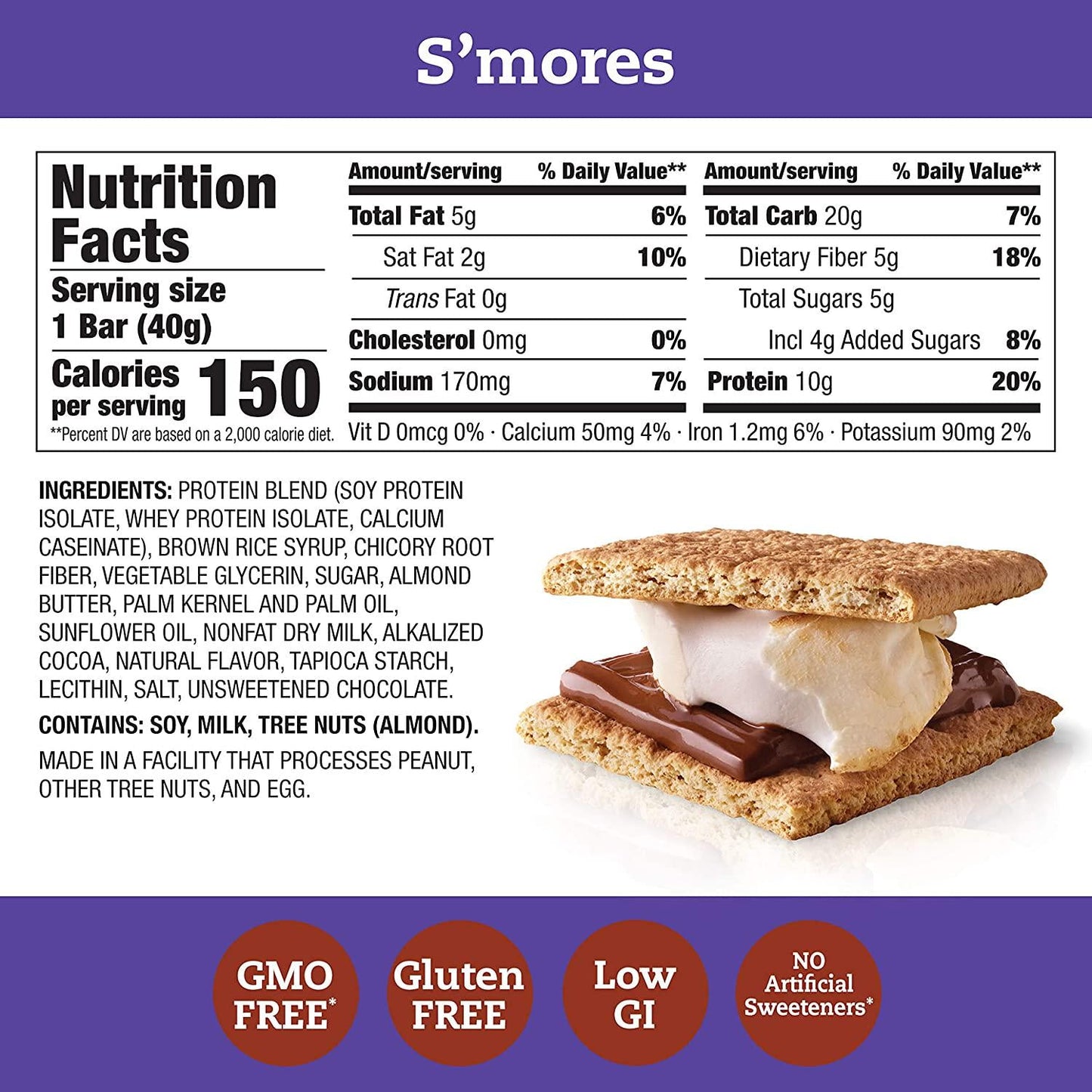 thinkThin Protein and Fiber Bars, S'mores, 1.41 oz Bar (10 Count)