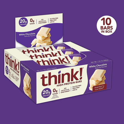 think! Protein Bars, High Protein Snacks, Gluten Free, Sugar Free Energy Bar with Whey Protein Isolate, White Chocolate, Nutrition Bars without Artificial Sweeteners, 2.1 Oz (10 Count)