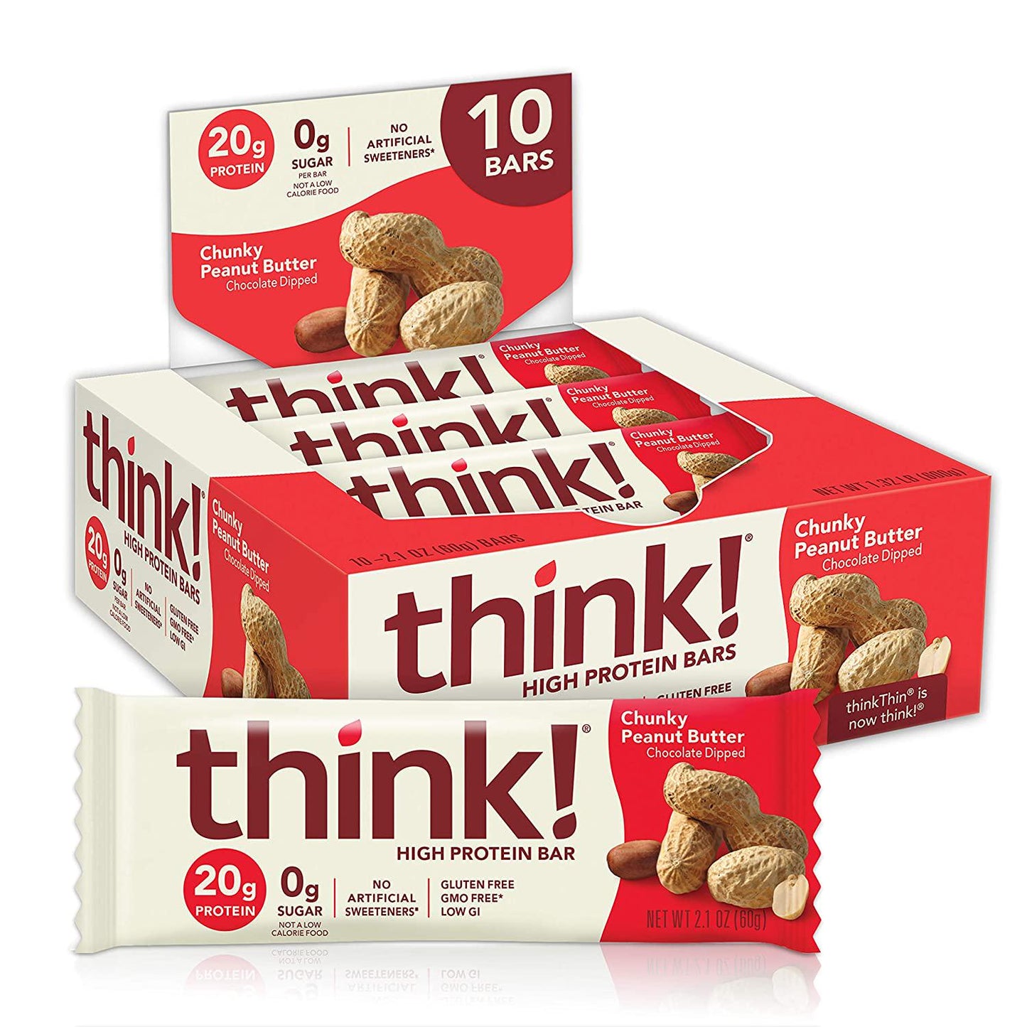 think! Protein Bars, High Protein Snacks, Gluten Free, Sugar Free Energy Bar with Whey Protein Isolate, Chunky Peanut Butter, Nutrition Bars without Artificial Sweeteners, 2.1 Oz (10 Count)
