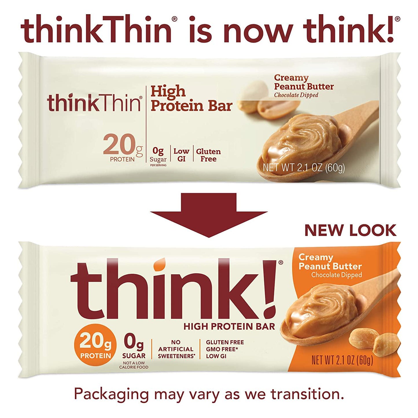 think! Protein Bars, High Protein Snacks, Gluten Free, Sugar Free Energy Bar with Whey Protein Isolate, Creamy Peanut Butter, Nutrition Bars without Artificial Sweeteners, 2.1 Oz , 5 Count - Pack of 6