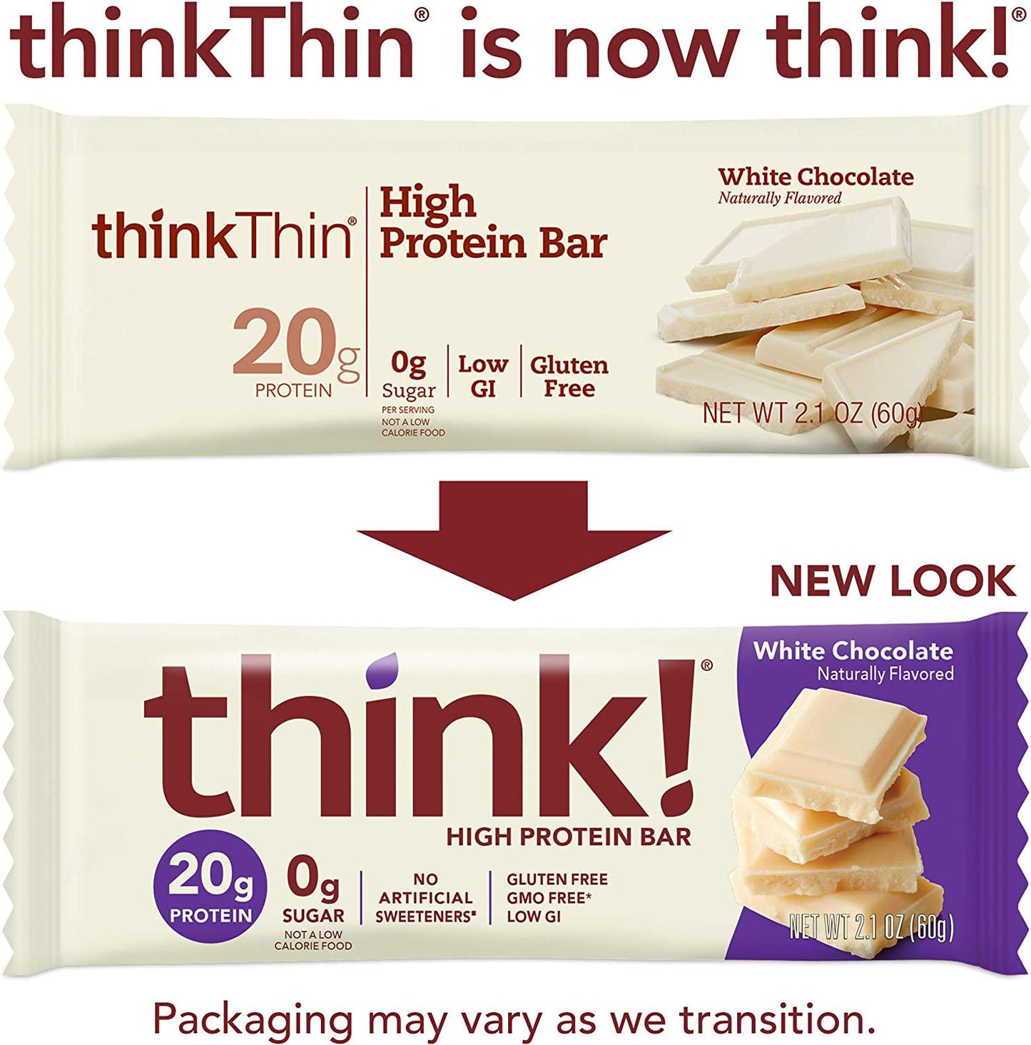 think! Protein Bars, High Protein Snacks, Gluten Free, Sugar Free Energy Bar with Whey Protein Isolate, White Chocolate, Nutrition Bars without Artificial Sweeteners, 2.1 Oz (10 Count)