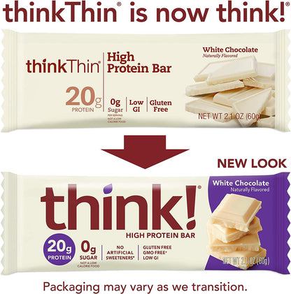 think! Protein Bars, High Protein Snacks, Gluten Free, Sugar Free Energy Bar with Whey Protein Isolate, White Chocolate, Nutrition Bars without Artificial Sweeteners, 2.1 Oz (10 Count)