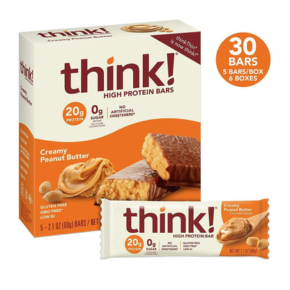 think! Protein Bars, High Protein Snacks, Gluten Free, Sugar Free Energy Bar with Whey Protein Isolate, Creamy Peanut Butter, Nutrition Bars without Artificial Sweeteners, 2.1 Oz , 5 Count - Pack of 6