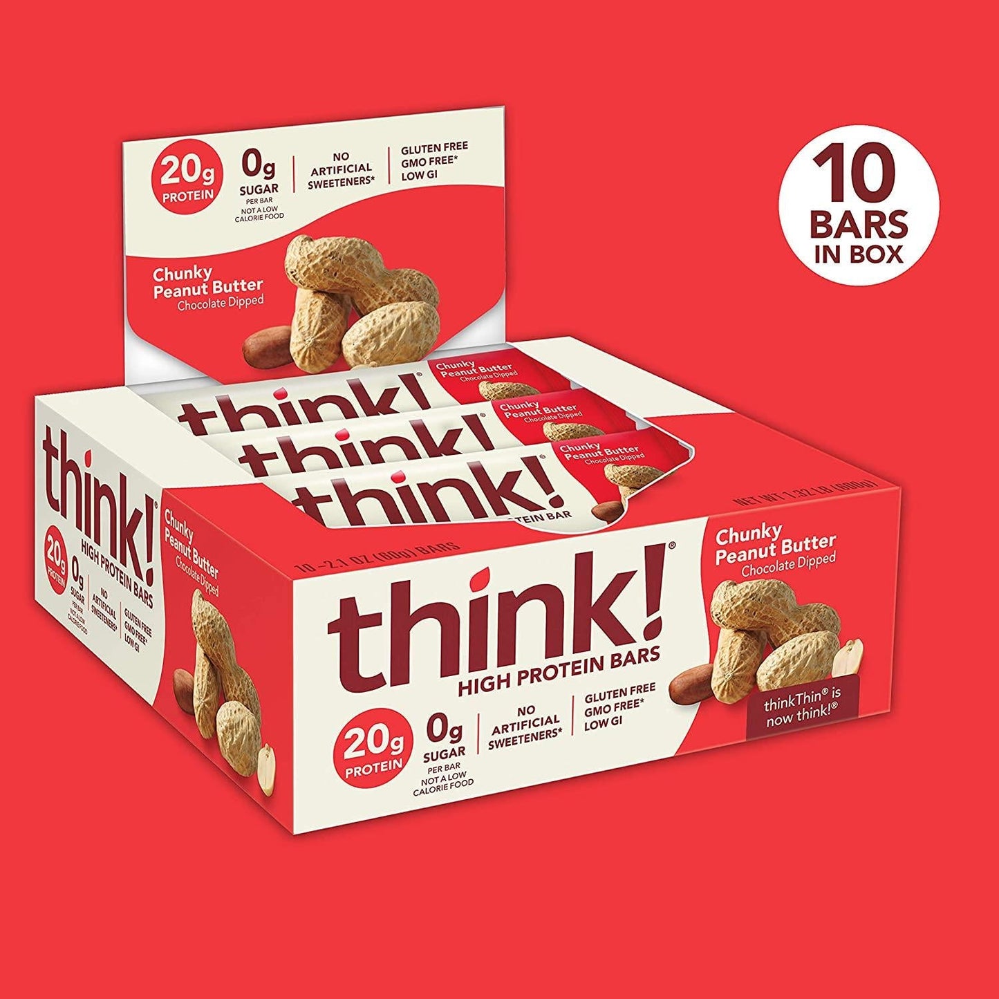 think! Protein Bars, High Protein Snacks, Gluten Free, Sugar Free Energy Bar with Whey Protein Isolate, Chunky Peanut Butter, Nutrition Bars without Artificial Sweeteners, 2.1 Oz (10 Count)