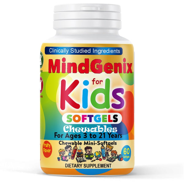 Mindgenix Kids Brain Focus Supplements for Kids & Teens, Kids Omega 3 Brain Booster Nootropic Supplement Focus Softgels 60Ct