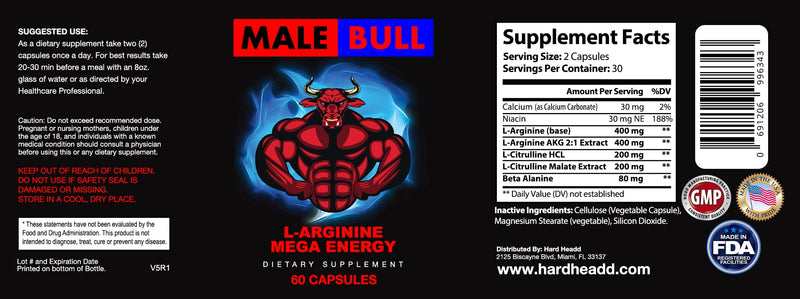 L'Arginine Mega Energy - Amino Acid Booster - Maximum Strength, for Physical Endurance, Vascularity and Energy, Get Your Energy Level Up, Improves Workout Power, Increase Blood Flow, for Men and Women