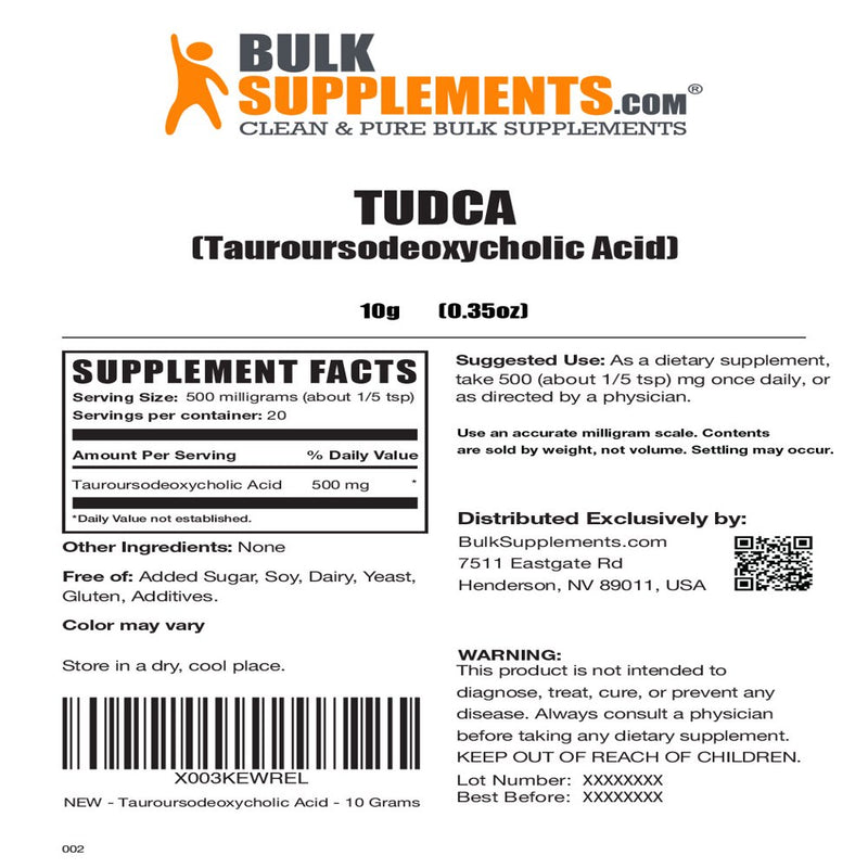 Bulksupplements.Com TUDCA Powder, 500Mg - Brain, Vision, & Liver Support Supplement (10G - 20 Serv)