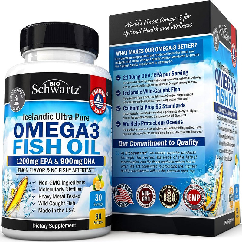 Bioschwartz Fish Oil Omega 3 EPA & DHA 2250 Mg- Immune & Heart Support Fatty Acids Pills - Promotes Immunity, Joint, Eyes, Brain & Skin Health - Non GMO 90 Ct