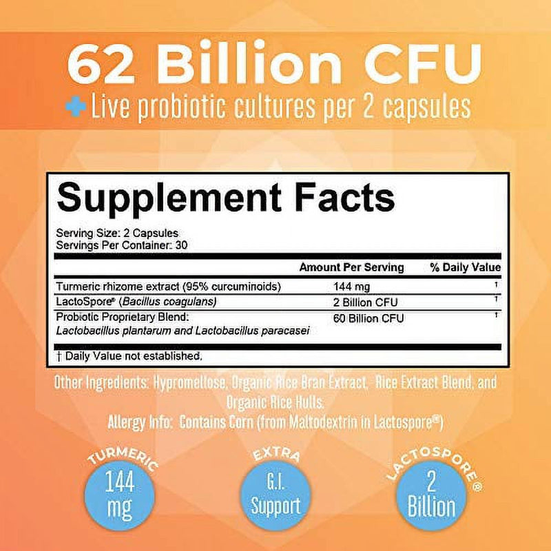 Maryruth Organics | Probiotic Turmeric+ | 62 Billion CFU | G.I. Support, Digestive Health | Vegan, Non-Gmo | 60 Capsules