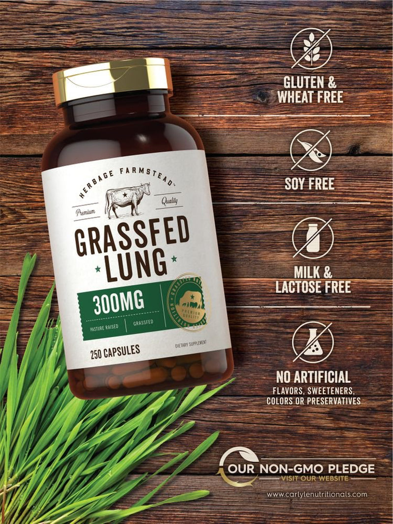 Grass Fed Lung 300Mg | 250 Capsules | with Grass Fed Liver | by Herbage Farmstead