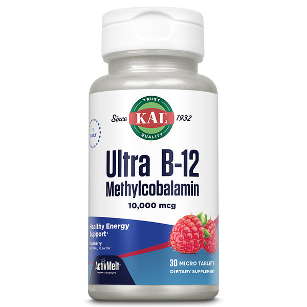 KAL Ultra B-12 Methylcobalamin 10000 Mcg Activmelt | Natural Raspberry Flavor | Healthy Metabolism, Nerves & Red Blood Cell Support | 30 Micro Tablets