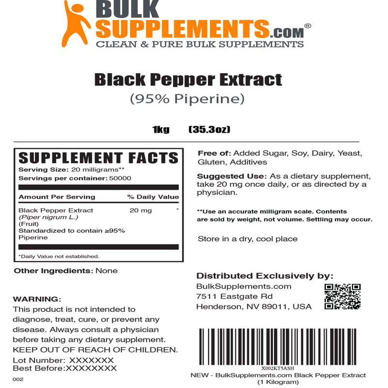 Bulksupplements.Com Black Pepper Extract (95% Piperine) - Herbal Supplement (1 Kilogram - 2.2 Lbs - 50000 Servings)