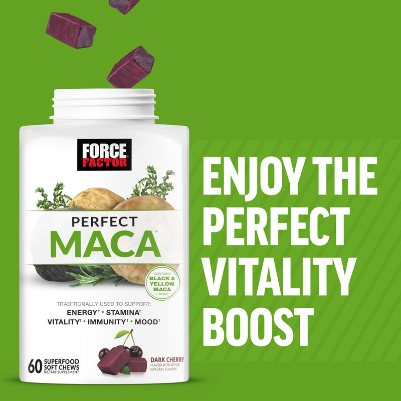 Force Factor Perfect Maca, Maca Root and DIM Supplement with Saffron to Boost Energy and Mood, with Yellow and Black Maca, Vitamins, Minerals, and Antioxidants, Dark Cherry Flavor, 60 Soft Chews
