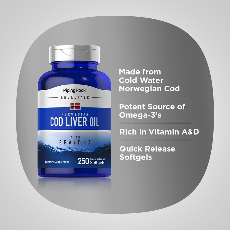 Cod Liver Oil Capsules | 250 Softgels | with EPA DHA | Engelvaer Norwegian | by Piping Rock