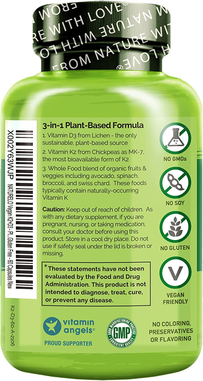NATURELO Vegan K2+D3 - Plant Based D3 from Lichen - Natural D3 Supplement for Immune System, Bone Support, Joint Health - Whole Food - Vegan - Non-Gmo - Gluten Free (60 Count (Pack of 1))