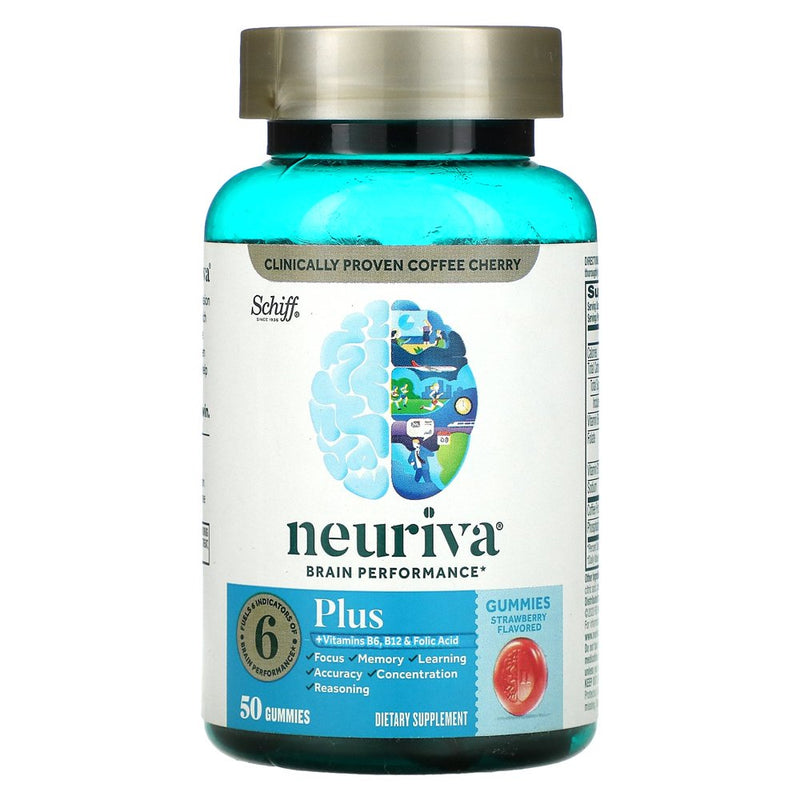Neuriva plus Brain Health Support Strawberry Gummies (50 Count), Brain Support with Phosphatidylserine, Vitamin B6 & Decaffeinated, Clinically Tested Coffee Cherry, 2 Pack