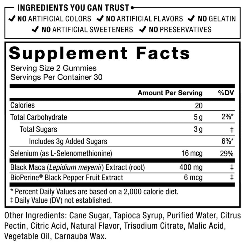 Force Factor Black Maca Gummies, Black Maca Root to Enhance Male Vitality, Increase Energy & Strength, with Bioperine for Superior Absorption, Delicious Passion Berry Flavor, 60 Gummies