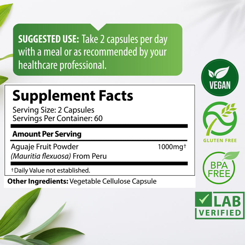 Aguaje 1000Mg Capsules - Pure Aguaje Fruit Extract Powder for Natural Curves, Gluteosy Senos Enlargement | Women'S Health and Enhance Feminine Shape Naturally | 120 Vegan Capsules